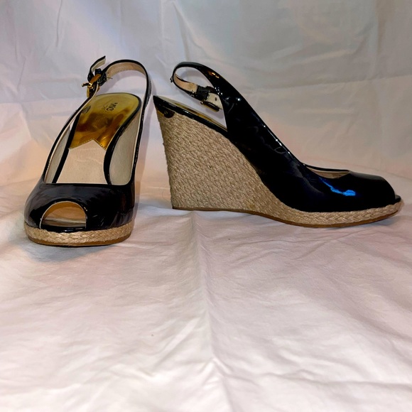 Michael Kors black patent peep toe espadrille wedges - Picture 1 of 3